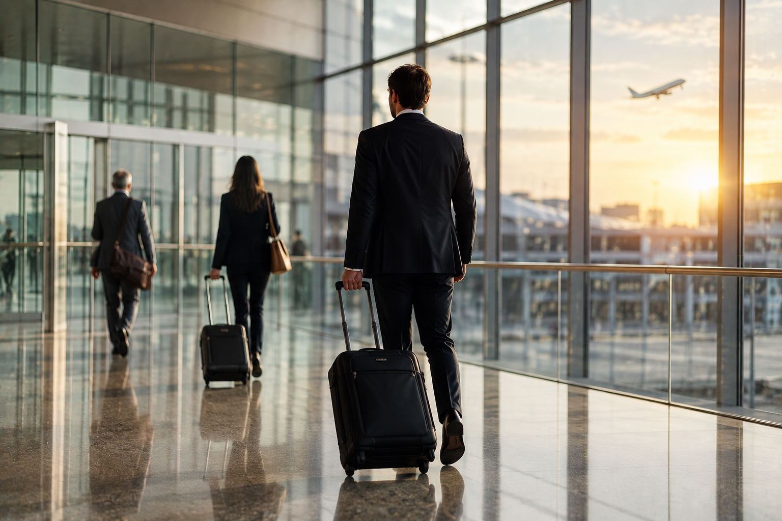 Professionisti in trasferta di lavoro in un aeroporto con trolley