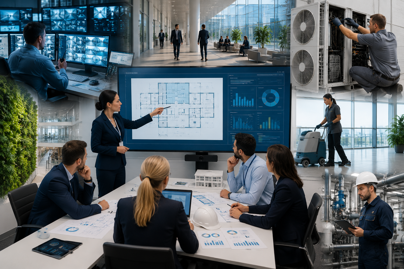 Servizi generali e facility management: sala riunioni, controllo sicurezza, manutenzione e pulizia