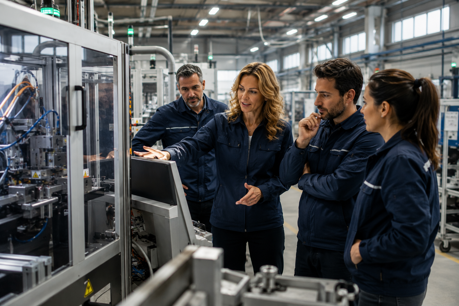 Operai in formazione davanti a un macchinario in stabilimento