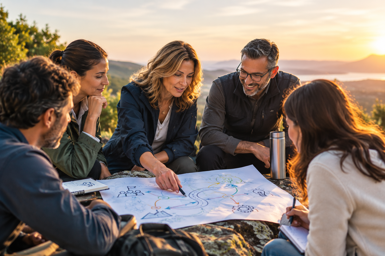 Gruppo di professionisti che progetta insieme una mappa di competenze all'aperto